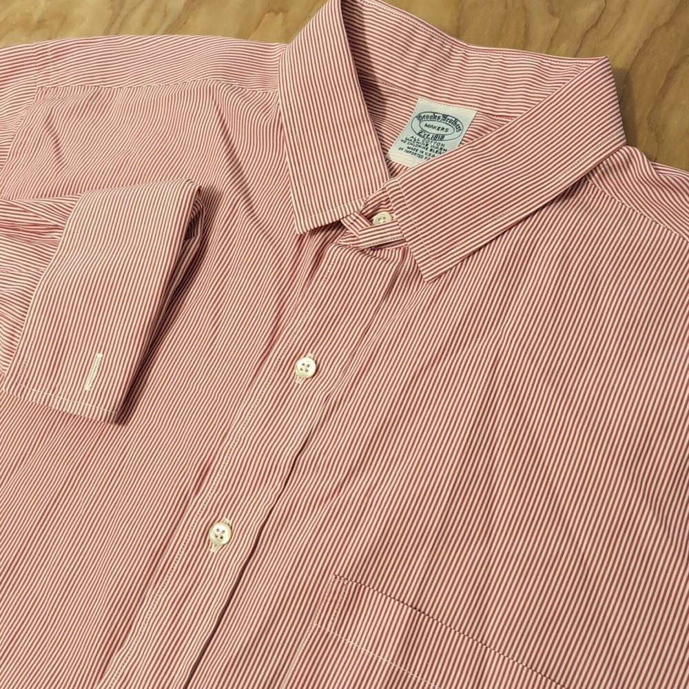 Brooks Brothers Makers Mens 2XL Fit Button Up Made in USA VTG Red White Pinstrip